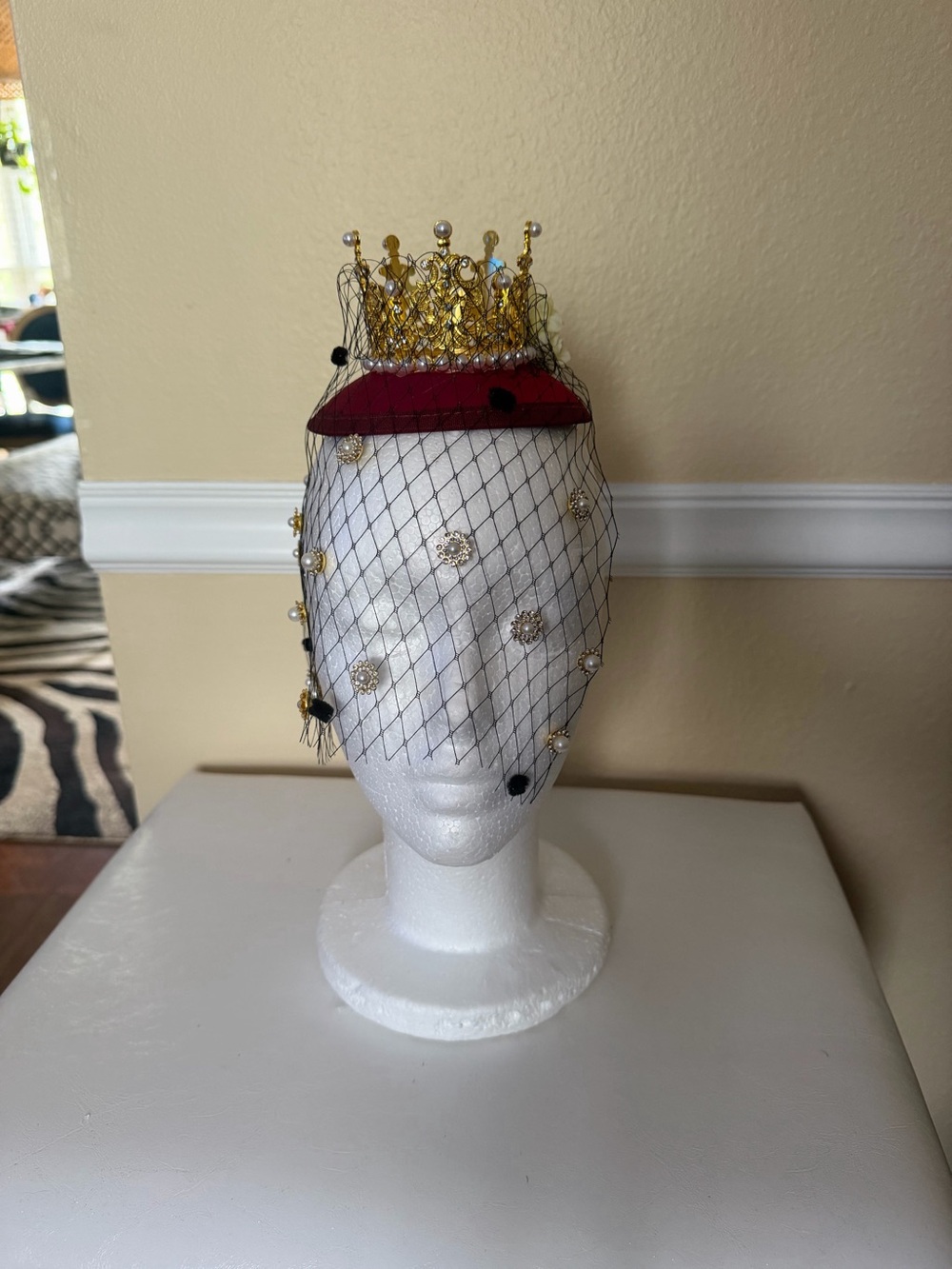 Gold Crown Veiled Fascinator with Burgundy Base